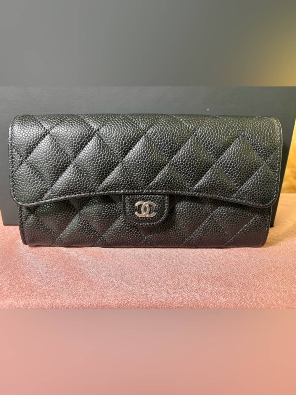 NWT CHANEL Black Quilted Caviar Leather Long Wallet with Silver CC